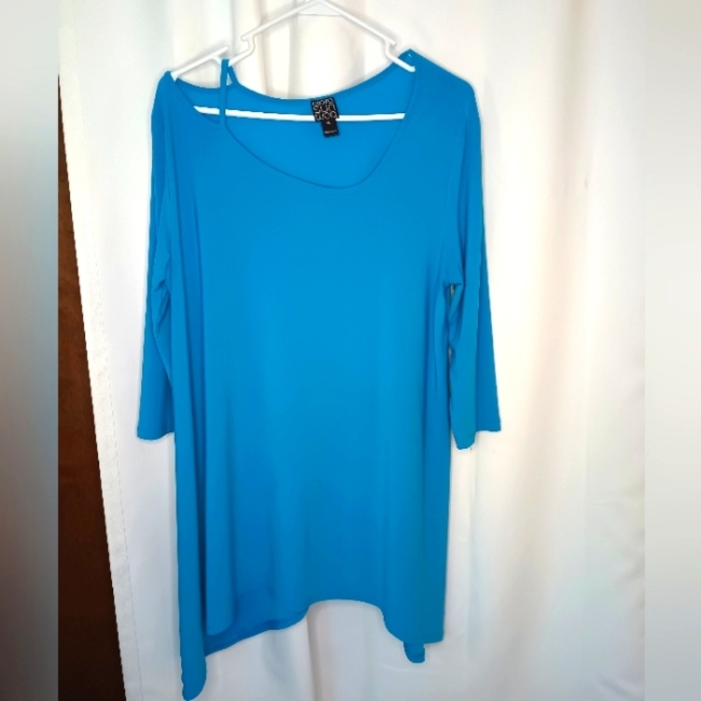 Clara Sun Woo XL Tunic Top Bright Blue Asymmetric Wrinkle Resistant Slinky